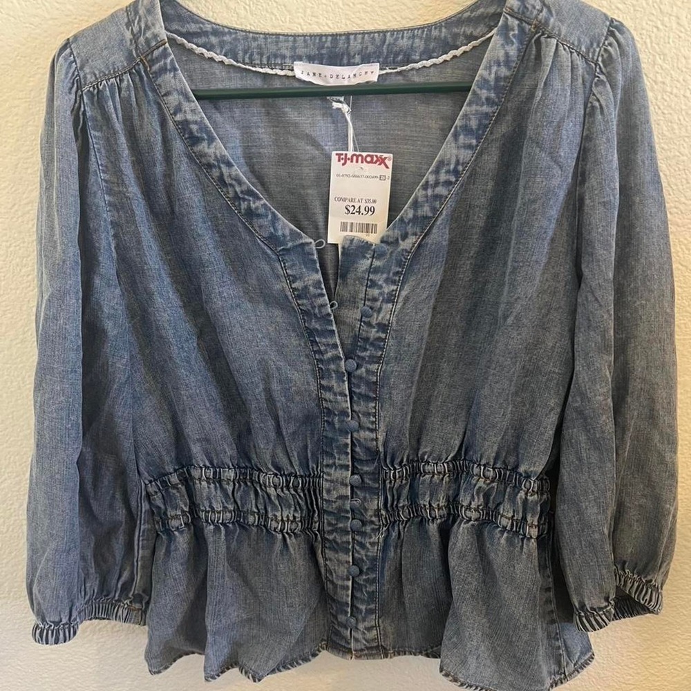 Blue denim button up top with ruffle details #denim #feminine New with tags
